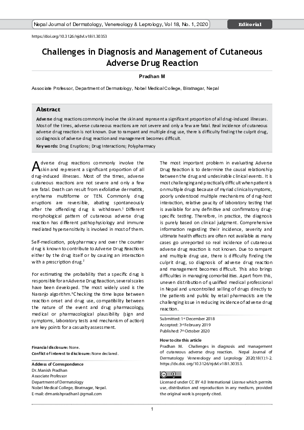 (PDF) Challenges in Diagnosis and Management of Cutaneous Adverse Drug ...