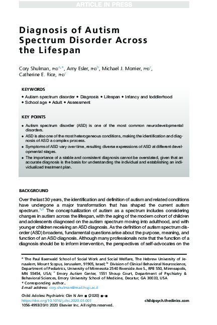 (PDF) Diagnosis of Autism Spectrum Disorder Across the Lifespan