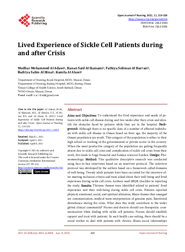 (PDF) Lived Experience of Sickle Cell Patients during and after Crisis