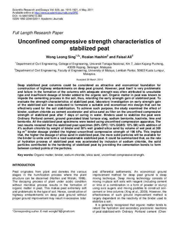(PDF) Unconfined compressive strength characteristics of stabilized peat
