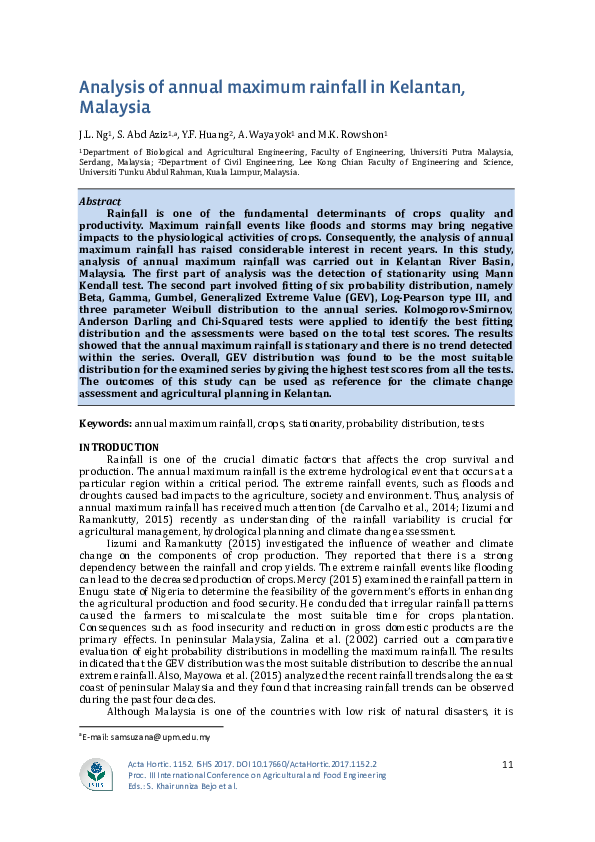 (PDF) Analysis of annual maximum rainfall in Kelantan, Malaysia