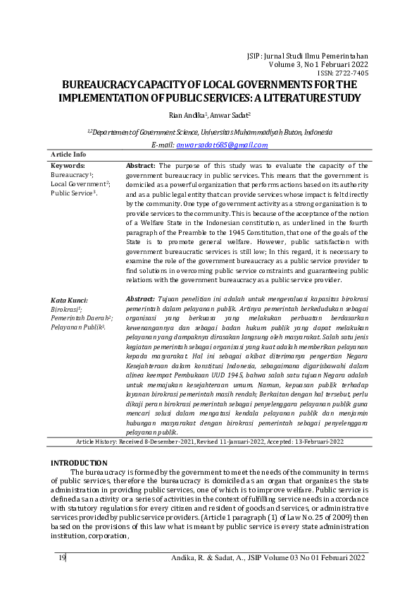 (PDF) Bureaucracy Capacity of Local Governments for the Implementation ...