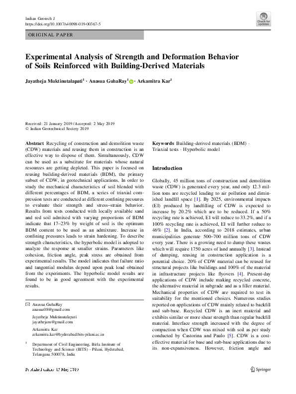 (PDF) Experimental Analysis of Strength and Deformation Behavior of ...