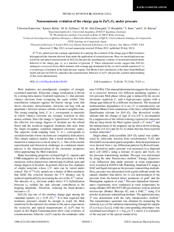 (PDF) Nonmonotonic evolution of the charge gap in ZnV2O4under pressure