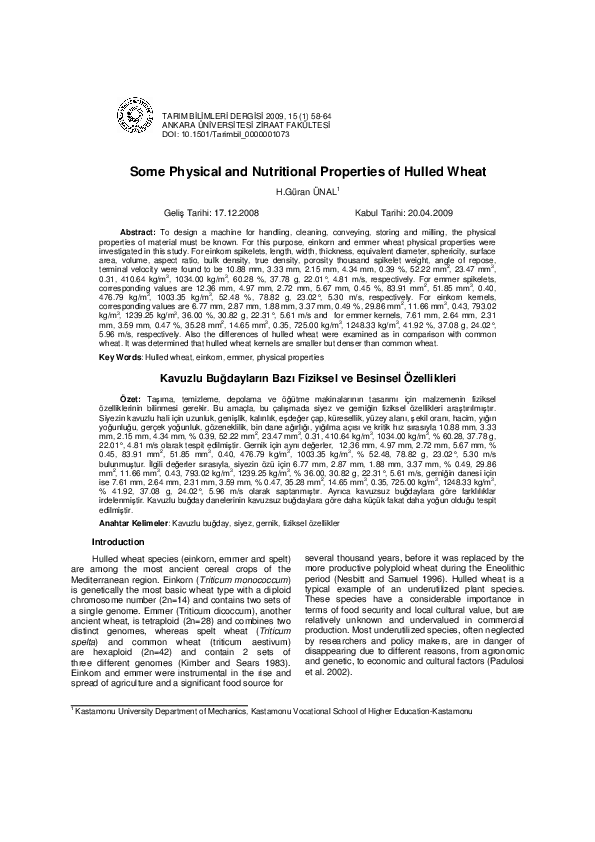 (PDF) Some Physical and Nutritional Properties of Hulled Wheat