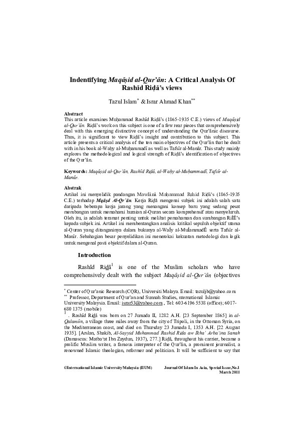 (PDF) IndentifyingMaqasid al-Qur’an: A Critical Analysis Of Rashid Riaz ...