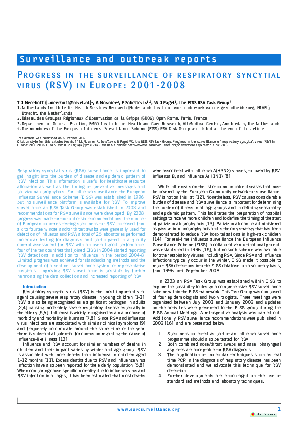(PDF) Progress in the surveillance of respiratory syncytial virus (RSV ...