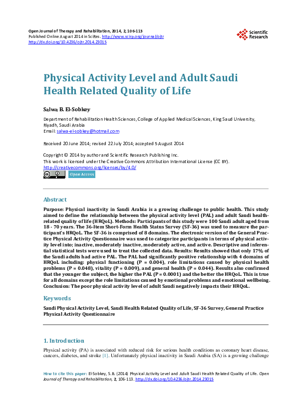 (PDF) Physical Activity Level and Adult Saudi Health Related Quality of ...