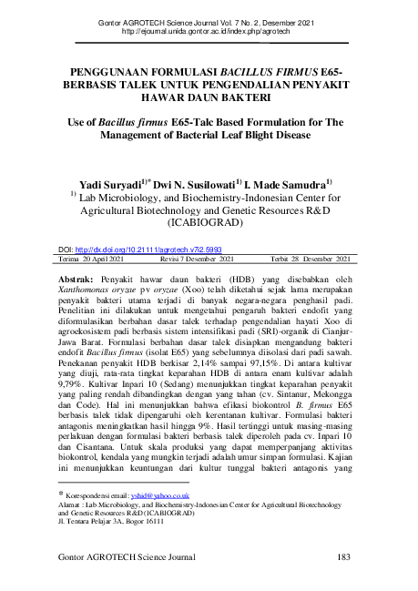(PDF) Use of Bacillus firmus E65-Talc Based Formulation for The ...