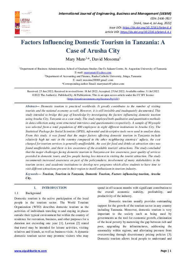 (PDF) Factors Influencing Domestic Tourism in Tanzania: A Case of ...