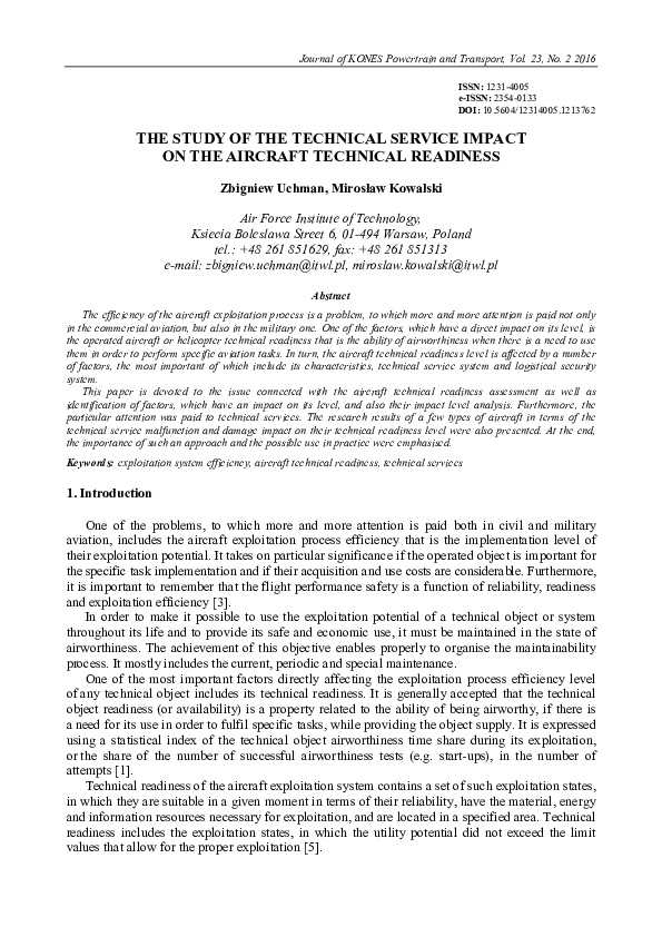 (PDF) The Study of the Technical Service Impact on the Aircraft ...