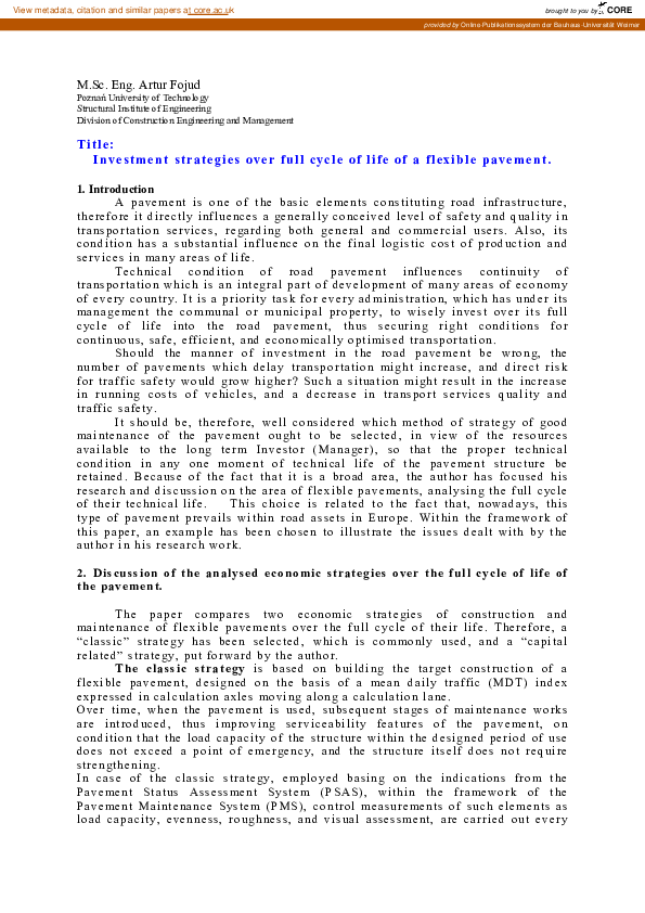 Picture of (PDF) Investment strategies over full cycle of life of a flexible pavement