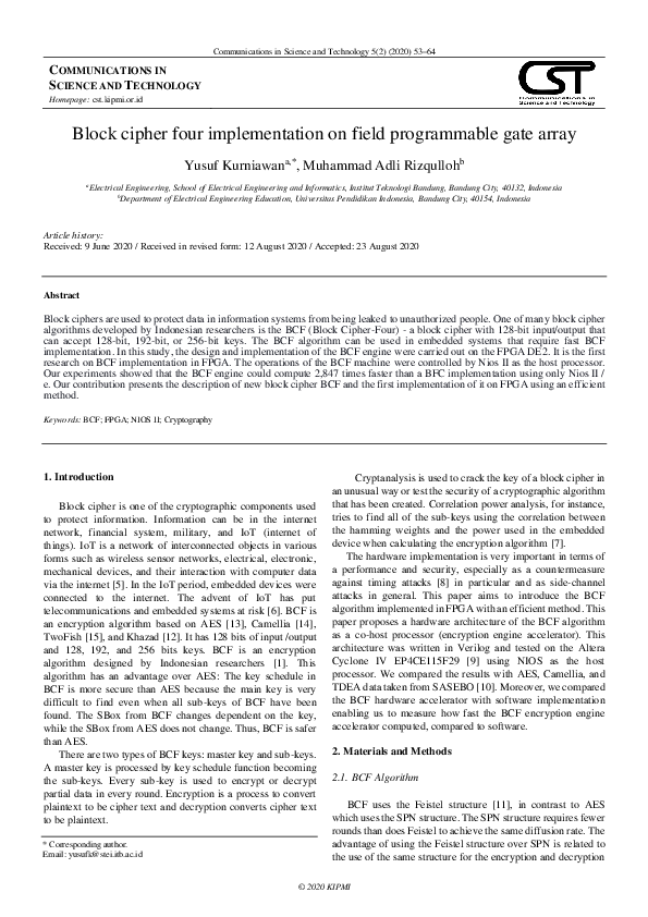 (PDF) Block cipher four implementation on field programmable gate array