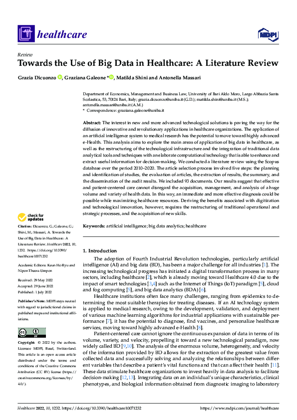 (PDF) Towards the Use of Big Data in Healthcare: A Literature Review