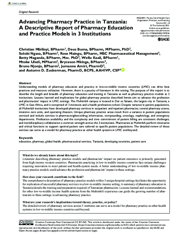 (PDF) Advancing Pharmacy Practice in Tanzania: A Descriptive Report of ...