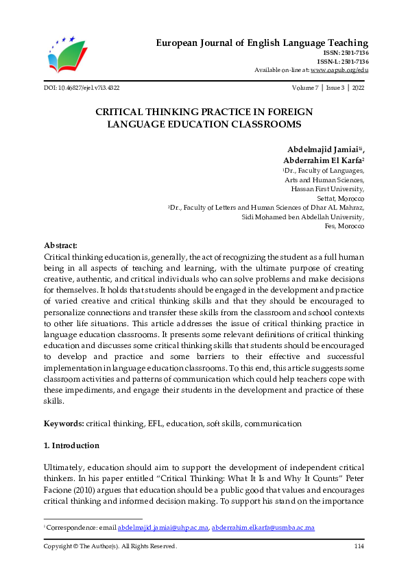 (PDF) Critical Thinking Practice in Foreign Language Education Classrooms