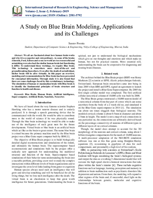 (PDF) A Study on Blue Brain Modeling , Applications and its Challenges