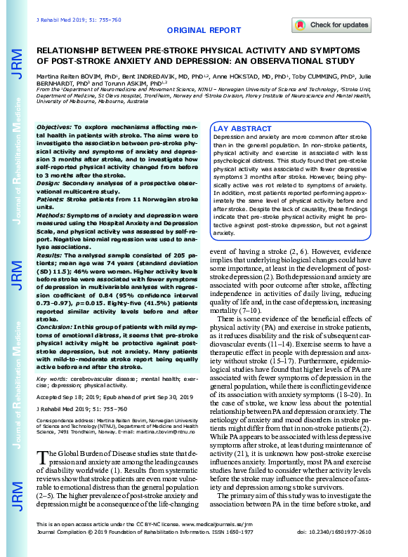 (PDF) Relationship between pre-stroke physical activity and symptoms of ...