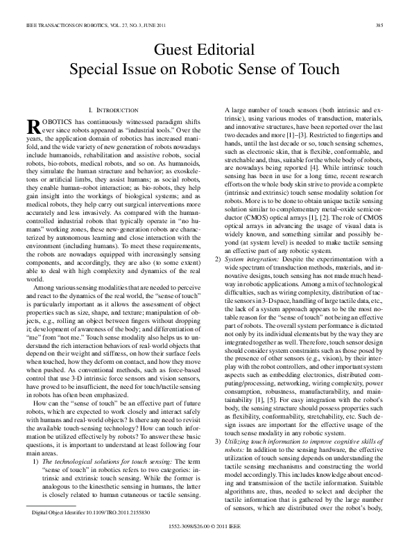 (PDF) Guest Editorial Special Issue on Robotic Sense of Touch