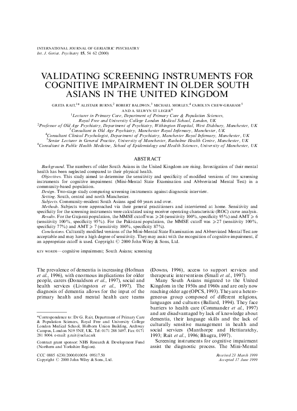 (PDF) Validating screening instruments for cognitive impairment in ...