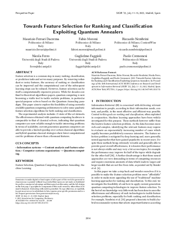 (PDF) Towards Feature Selection for Ranking and Classification ...