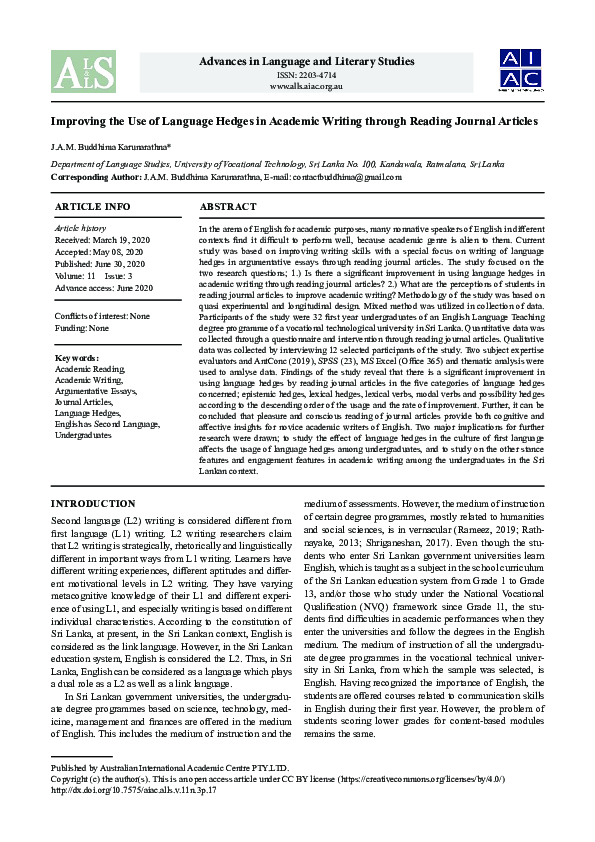 (PDF) Improving the Use of Language Hedges in Academic Writing through ...