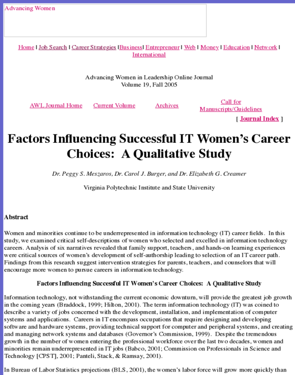 (PDF) Factors Influencing Successful IT Women's Career Choices: A ...