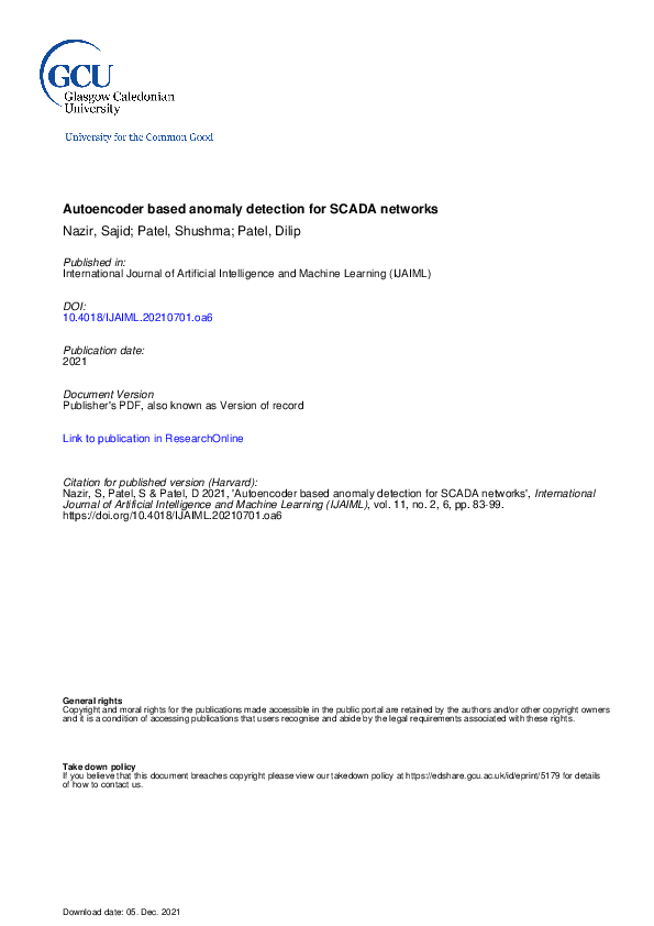 (PDF) Autoencoder Based Anomaly Detection for SCADA Networks