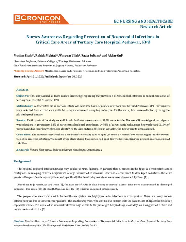(PDF) Nurses Awareness Regarding Prevention of Nosocomial Infections ...