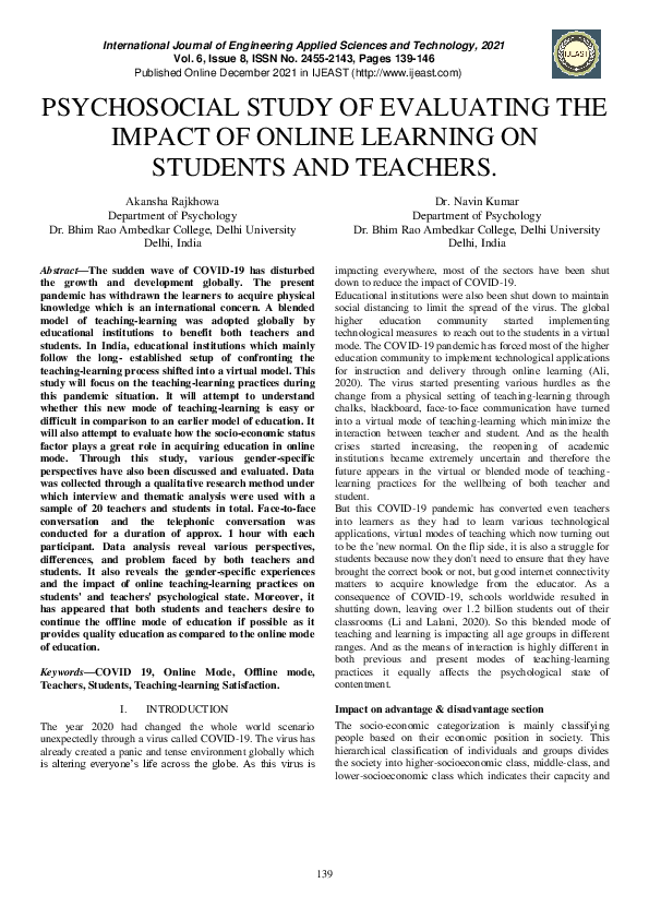 (PDF) Psychosocial Study of Evaluating the Impact of Online Learning on ...