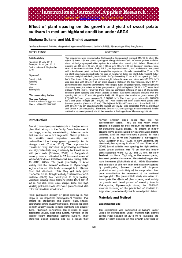 (PDF) Effect of plant spacing on the growth and yield of sweet potato ...