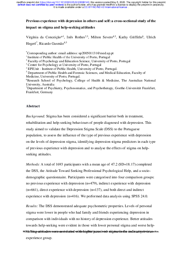 (PDF) Previous experience with depression in others and self: a cross ...