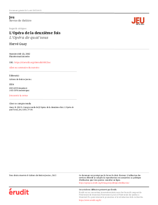 (PDF) L’Opéra de la deuxième fois. L’Opéra de quat’sousL’Opéra de quat’sous Hervé Guay