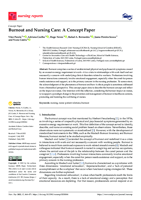 Pdf Burnout And Nursing Care A Concept Paper