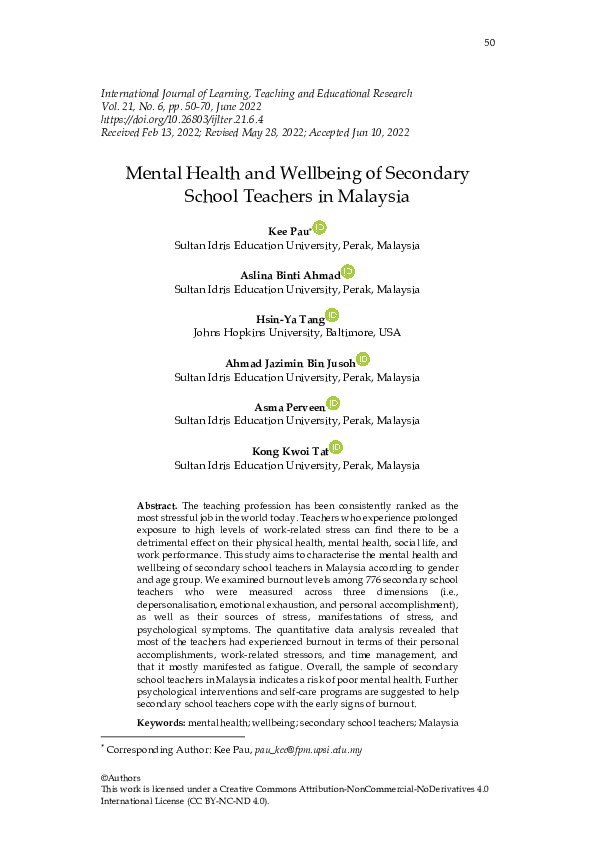 (PDF) Mental Health and Wellbeing of Secondary School Teachers in Malaysia