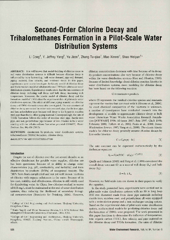 (PDF) SecondOrder Chlorine Decay and Trihalomethanes Formation in a PilotScale Water