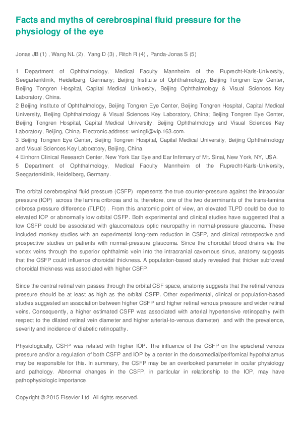 (PDF) Facts and myths of cerebrospinal fluid pressure for the ...