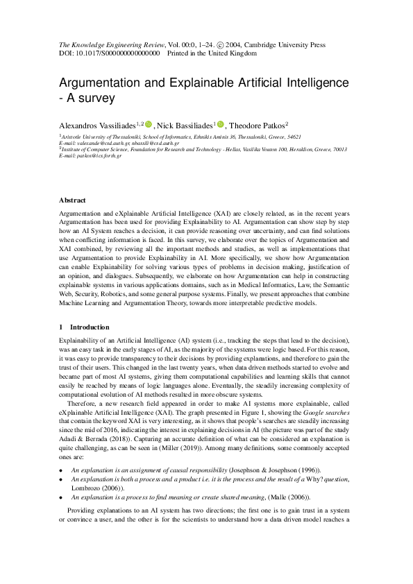(PDF) Argumentation and explainable artificial intelligence: a survey