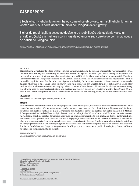 (PDF) Effects of early rehabilitation on the outcome of cerebro ...