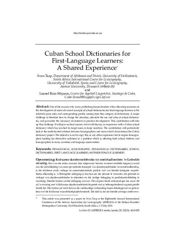 (PDF) Cuban School Dictionaries for First-Language Learners: A Shared ...