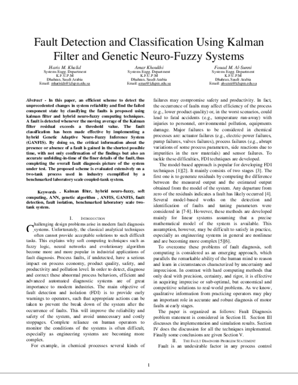 (PDF) Fault detection and classification using Kalman filter and ...