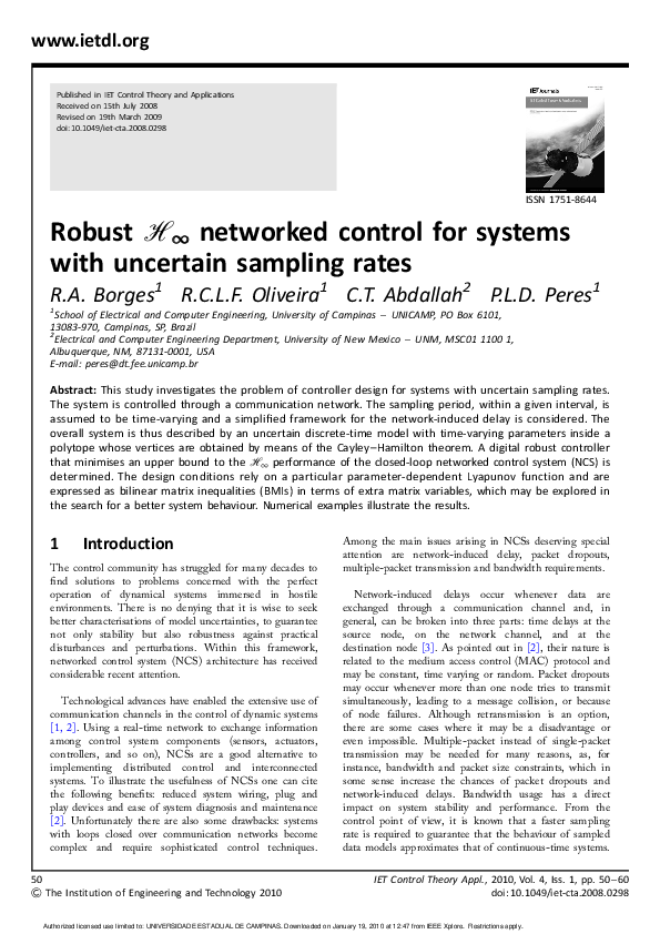 (PDF) Robust ℋ∞ networked control for systems with uncertain sampling rates