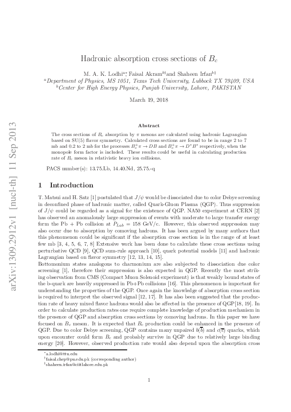 (PDF) Hadronic absorption cross sections of Bc