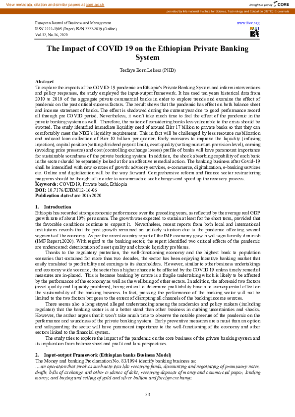 (PDF) The Impact of COVID-19 on the Ethiopian Private Banking System