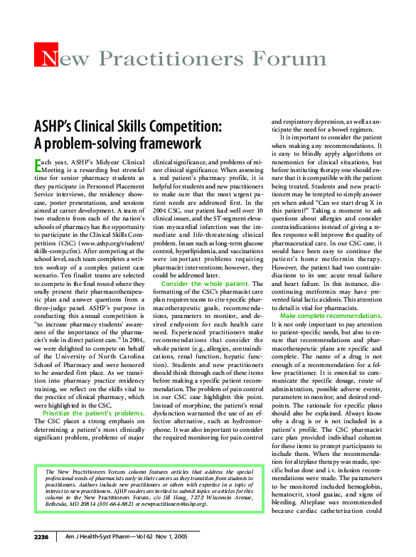 (PDF) ASHP's Clinical Skills Competition: A problem-solving framework