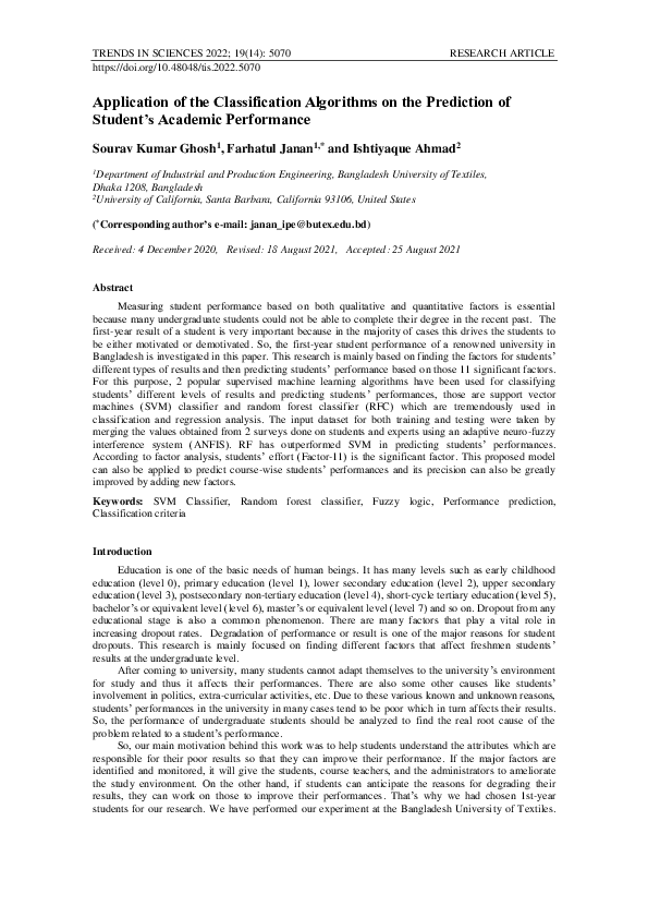 (PDF) Application of the Classification Algorithms on the Prediction of ...