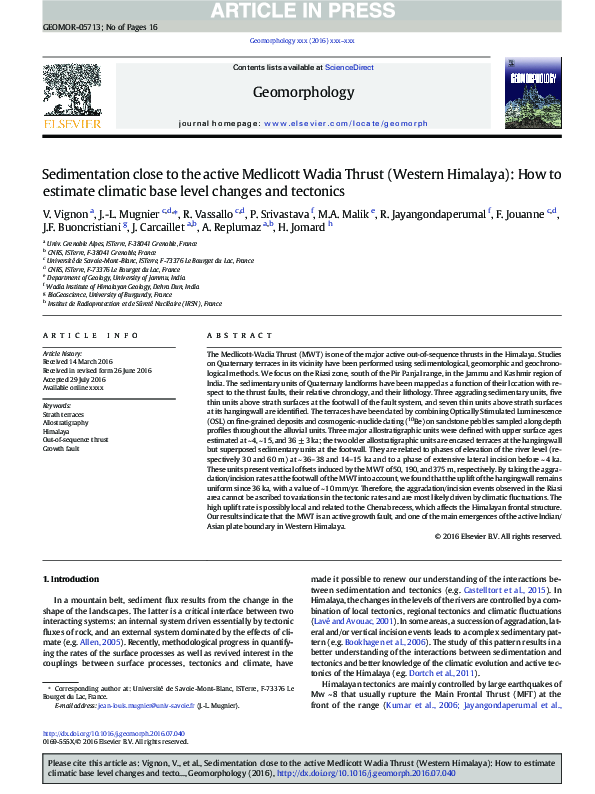 (PDF) Sedimentation close to the active Medlicott Wadia Thrust (Western ...