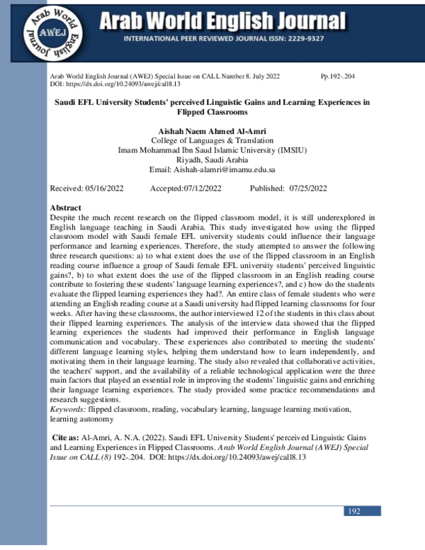 (PDF) Saudi EFL University Students' perceived Linguistic Gains and ...