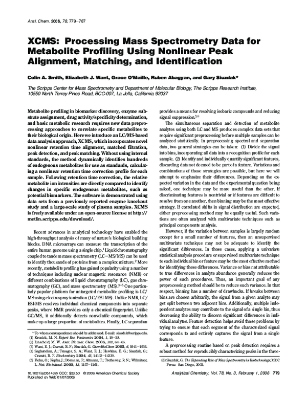 (PDF) XCMS: Processing Mass Spectrometry Data for Metabolite Profiling ...