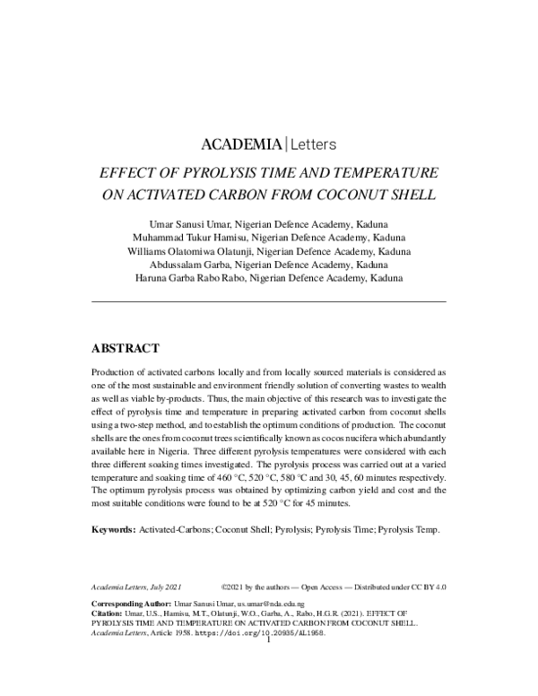 (PDF) EFFECT OF PYROLYSIS TIME AND TEMPERATURE ON ACTIVATED CARBON FROM ...
